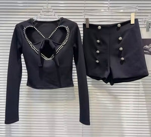 Women Black Bling Cut Out Heart Button Two Piece Short Set