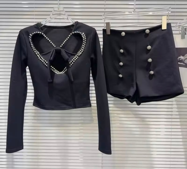 Women Black Bling Cut Out Heart Button Two Piece Short Set