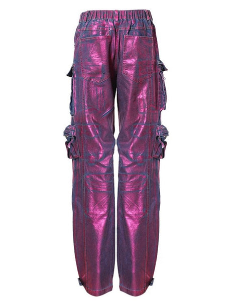 Women Fashion Purple Metallic Cargo Denim Pants