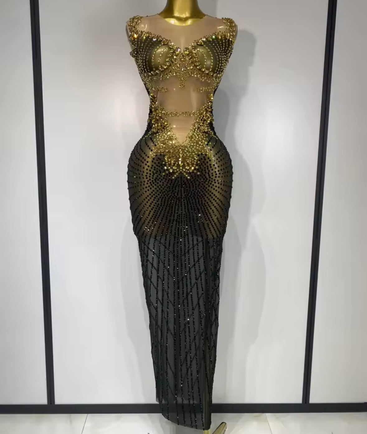 Women Sexy Sleeveless Bling Rhinestone Mesh Maxi Dress