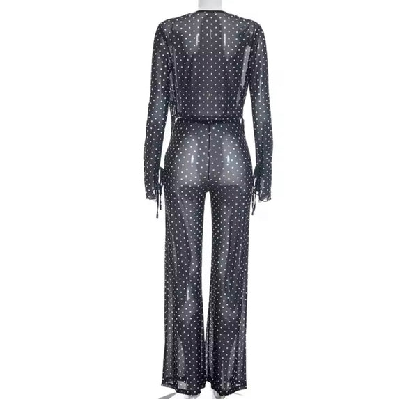 Women Sexy B&W Polka Dot Full Sleeve Mesh Two Piece Pant Set