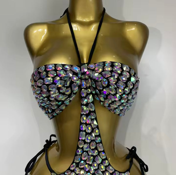 Women Sexy Black Halter Crystal Swimsuit