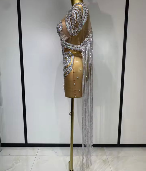 Women Sexy Sleeveless Sparkly Rhinestone Mesh Tassel Dress