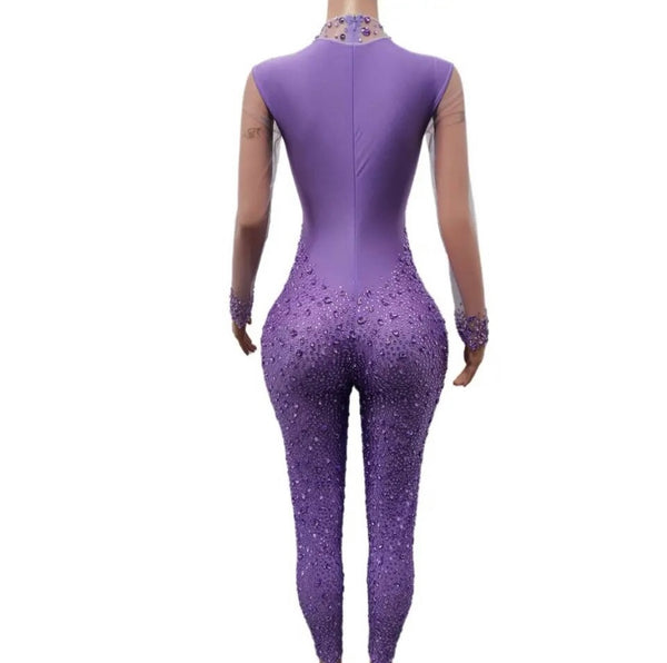 Women Sexy Fashion Bling Crystal Mesh Full Sleeve Jumpsuit