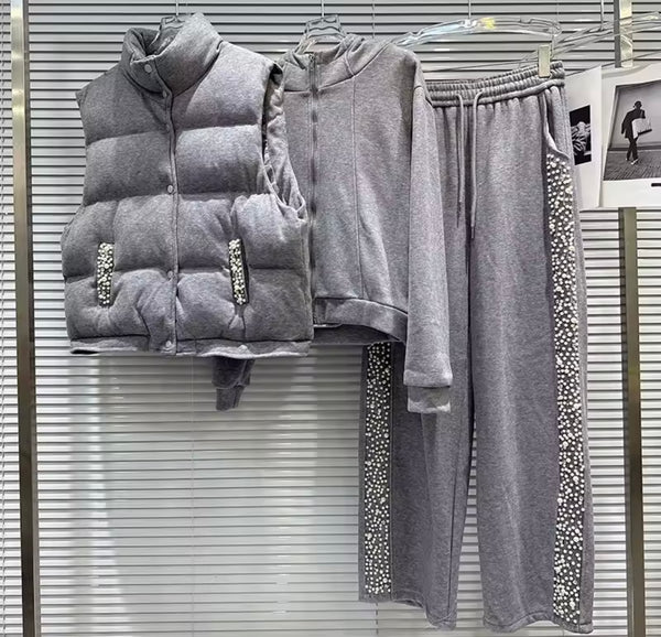 Women Bling Velour Tracksuit Puff Vest Three Piece Pant Set