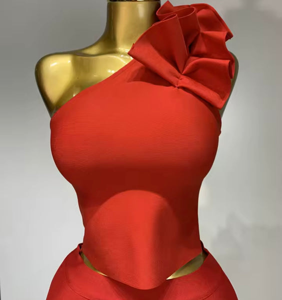 Women Sexy Ruffled One Shoulder Sleeveless Two Piece Skirt Set