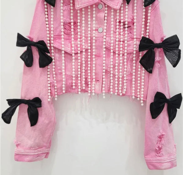 Women Pink Pearl Tassel Bow Ripped Fashion Denim Jacket