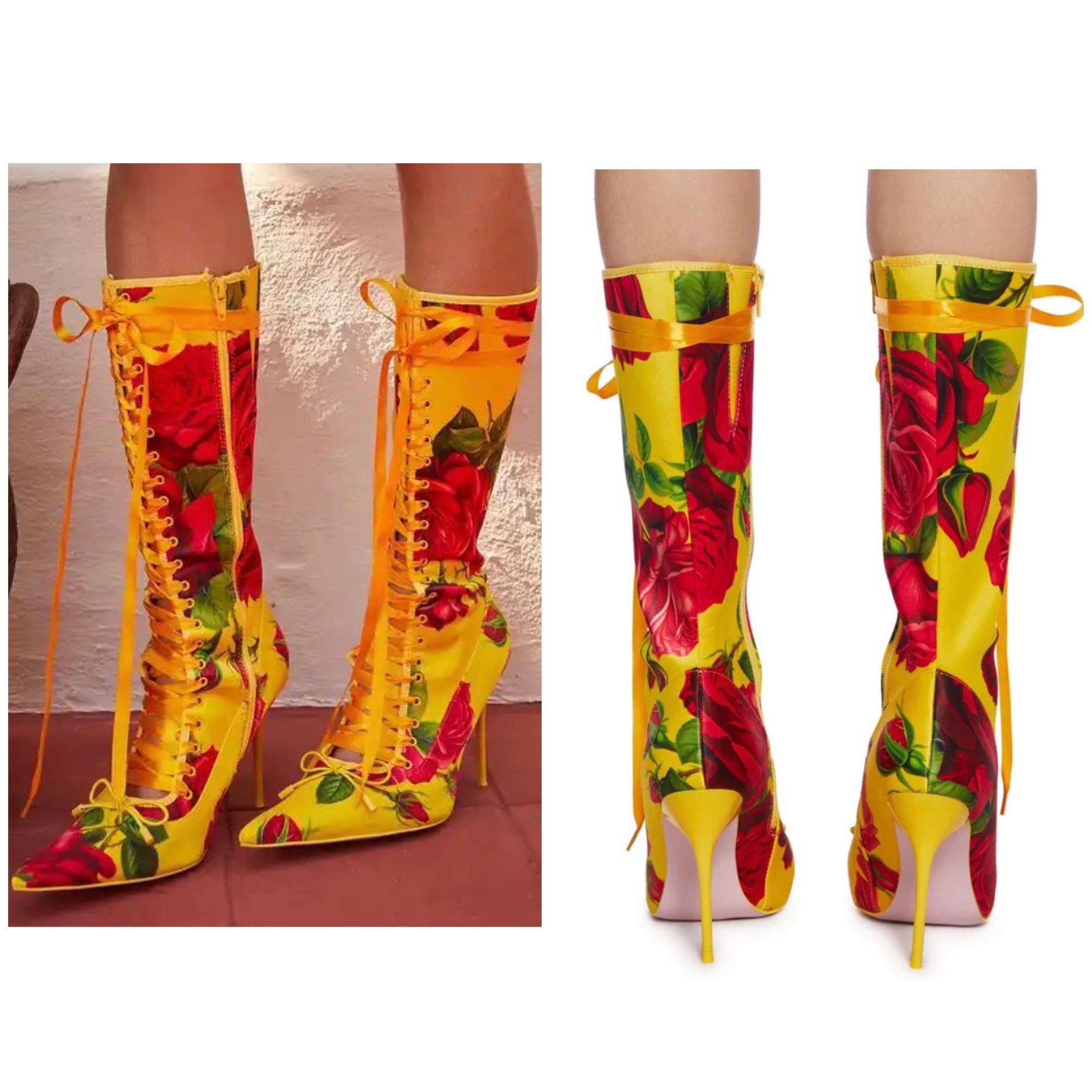 Women Fashion Pointed Toe Yellow Floral Lace Up High Heel Boots