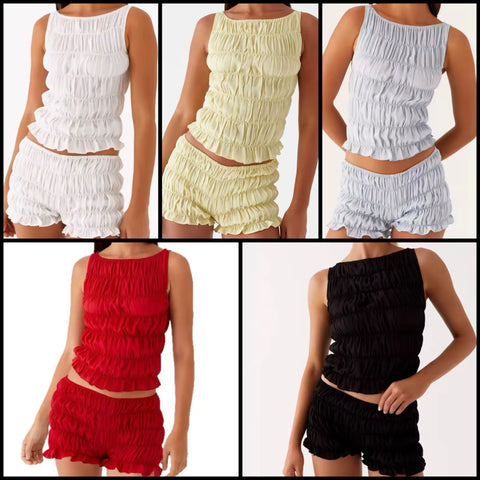 Women Sleeveless Solid Color Ruffled Crop Two Piece Short Set