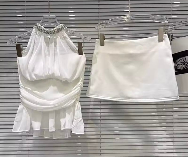 Women Rhinestone Sleeveless White Sexy Two Piece Skirt Set