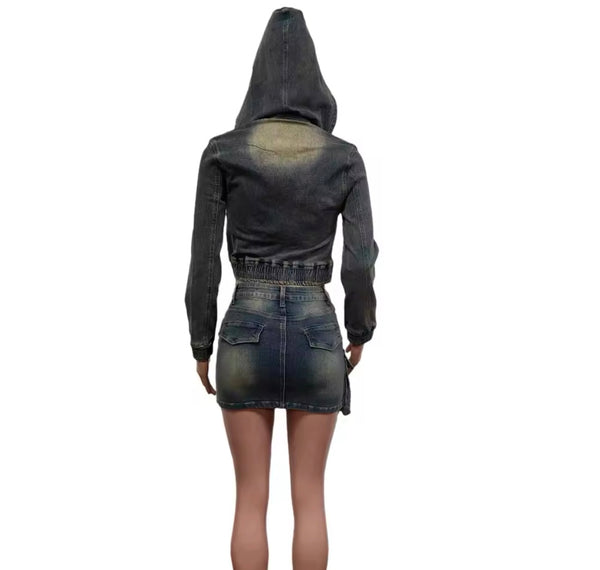 Women Fashion Hooded Zip Up Denim Two Piece Cargo Skirt Set