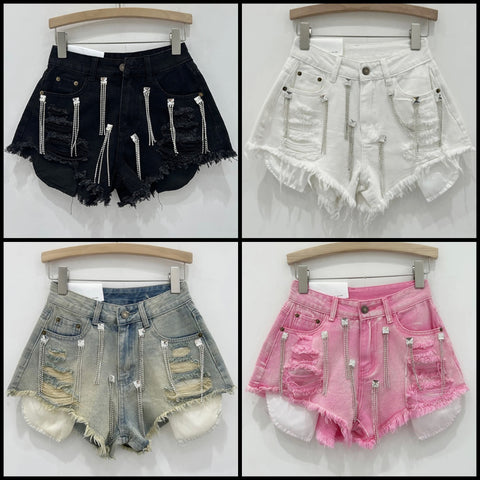 Women Color Fashion Ripped Bling Tassel Denim Shorts