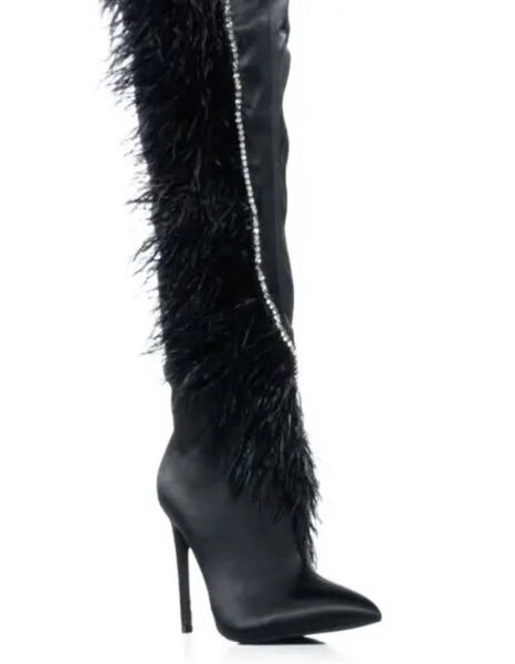 Women Black Fashion Bling Faux Fur Patchwork Knee High Boots