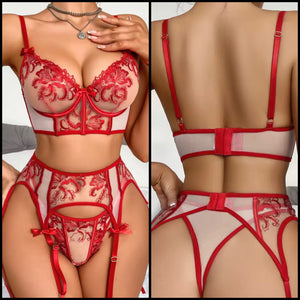 Women Sexy Red Floral Mesh Lingerie Set