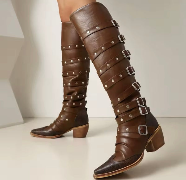 Women Fashion Color Buckled Knee High Western Boots