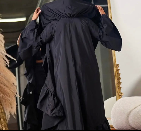Women Black Hooded Ruffled Long Jacket