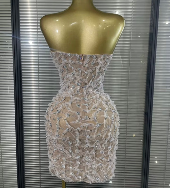 Women Sexy Strapless Rhinestone Mesh Dress