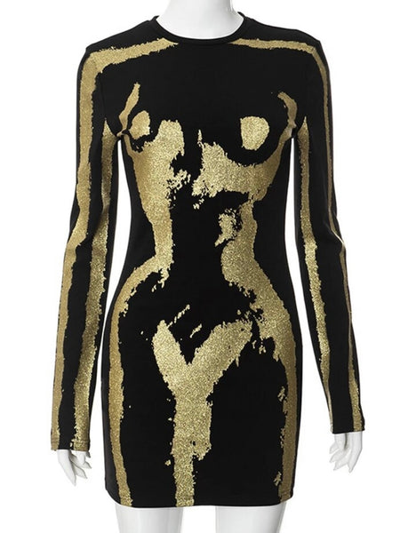 Women Sexy Black Gold Print Full Sleeve Dress