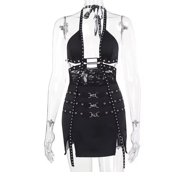 Women Black Halter Sexy Metal Ring Buckled Lingerie Set