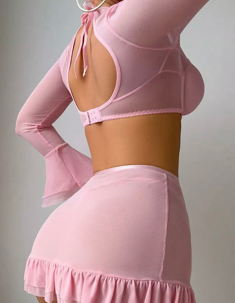Women Sexy Pink Mesh Full Sleeve Ruffled Lingerie Set