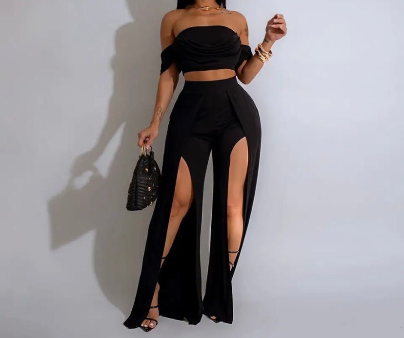 Women Sexy Off The Shoulder Short Sleeve Front Split Two Piece Pant Set