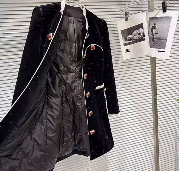 Women Fashion Rhinestone Crystal Button Up Velvet Jacket
