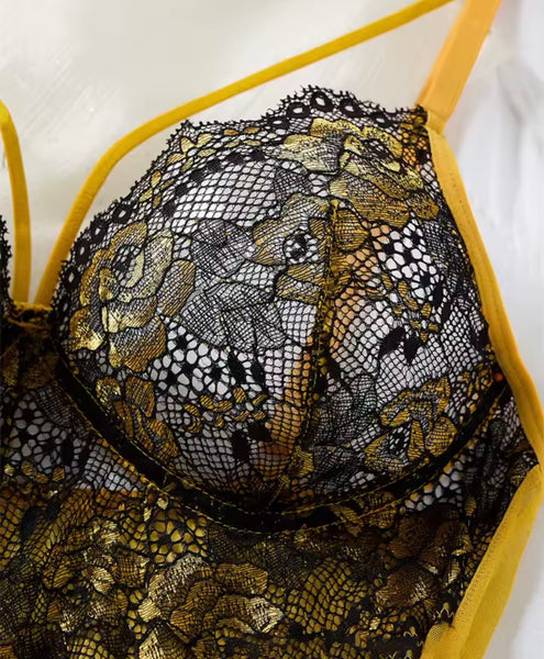 Women Sexy Yellow Lace Patchwork Nightgown Lingerie Set