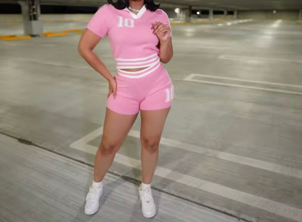 Women Fashion Number Short Sleeve Color Patchwork Two Piece Short Set