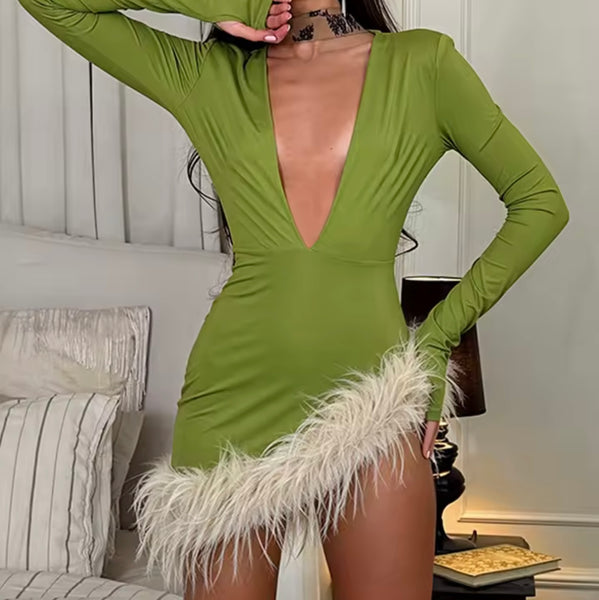 Women Sexy V-Neck Full Sleeve Asymmetrical Fur Patchwork Dress