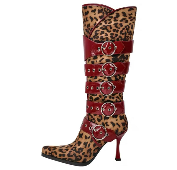 Women Fashion Leopard Suede PU Buckled Knee High Boots