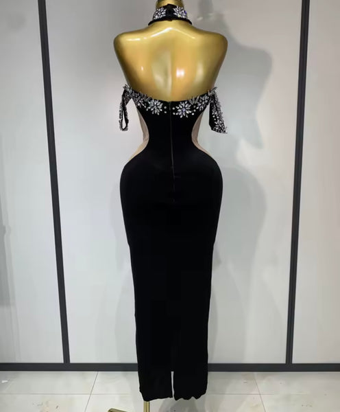 Women Black Rhinestone Velour Sexy Maxi Dress