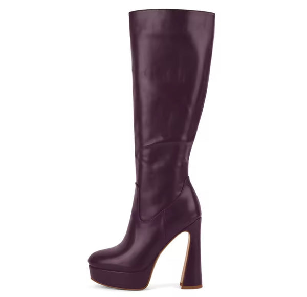Women Color Platform High Heel Faux Leather Knee Length Boots