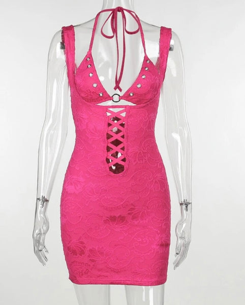 Women Pink Sexy Sleeveless Cut Out Lace Dress