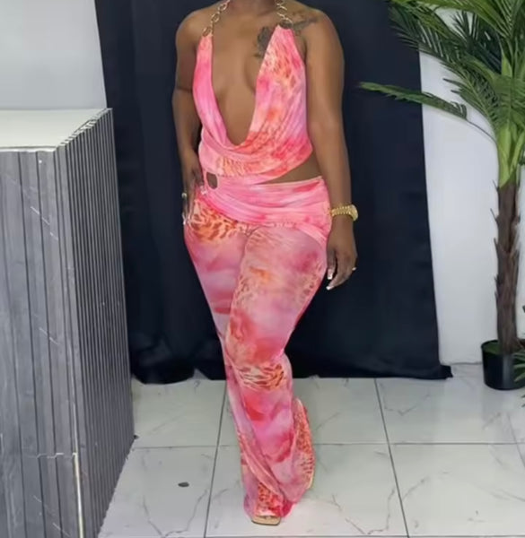 Women Sexy Halter Sleeveless Pink Floral Mesh Jumpsuit