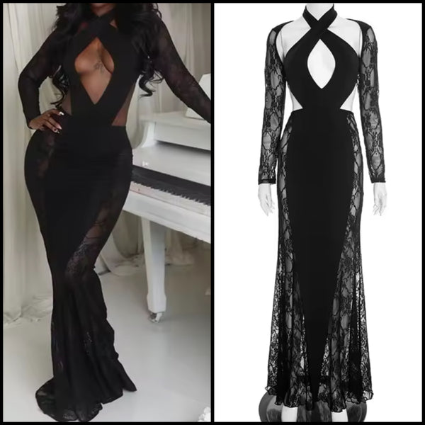 Women Sexy Halter Black Lace Full Sleeve Maxi Dress