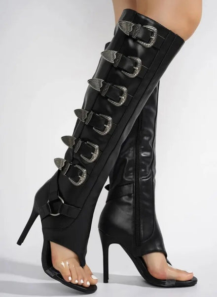 Women Fashion Open Toe Buckled Knee High Boots