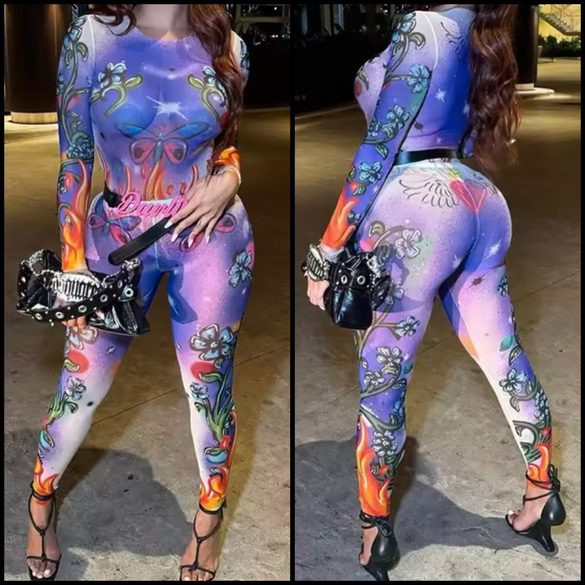 Women Sexy Multicolored Print Full Sleeve Two Piece Mesh Pant Set