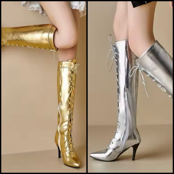 Women Fashion Metallic Lace Up Knee High Boots