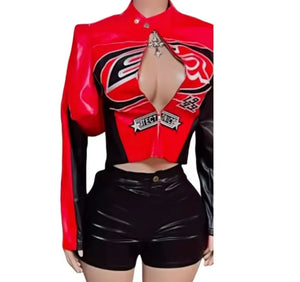Women Color Fashion PU Jacket Two Piece Short Set