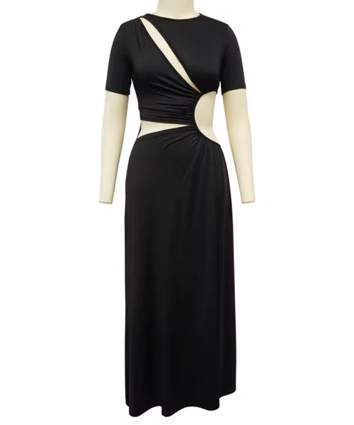 Women Sexy Solid Color Short Sleeve Cut Out Side Split Maxi Dress