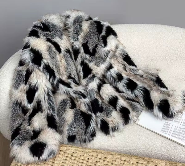 Women Fashion Animal Print Faux Fur Jacket