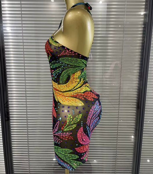 Women Sexy Multicolored Halter Sleeveless Rhinestone Dress