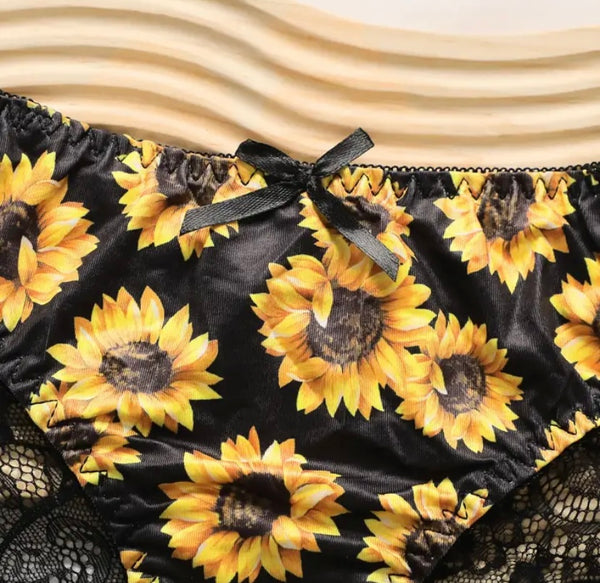 Women Sexy Sunflower Print Lace Lingerie Set