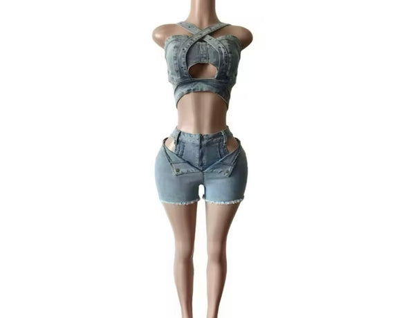Women Sleeveless Cut Out Ripped Denim Two Piece Short Set