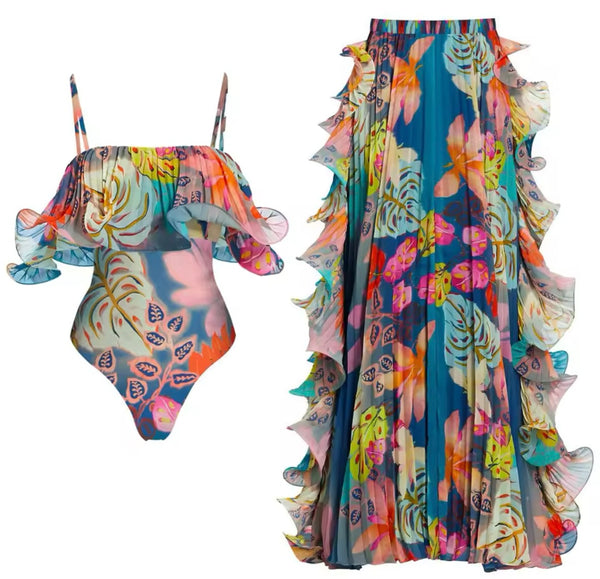 Women Sexy Fashion Multicolored Ruffled Swimsuit Cover Up Set