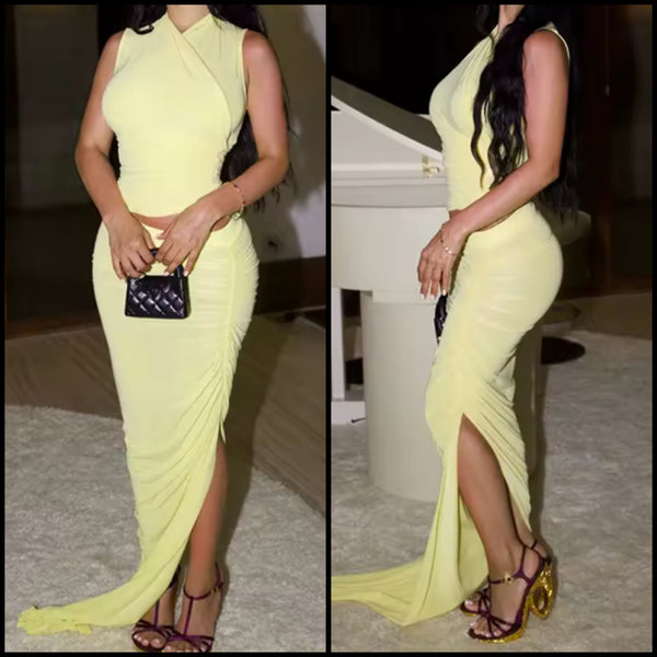 Women Sexy Sleeveless Yellow Two Piece Maxi Skirt Set