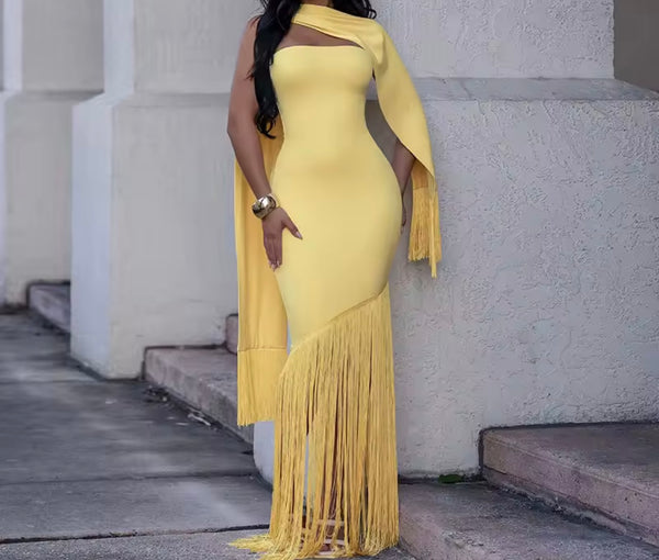 Women Sexy Strapless Scarf Fringe Tassel Maxi Dress