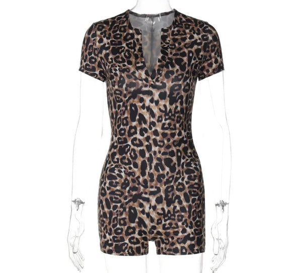 Women Sexy V-Neck Leopard Print Short Sleeve Romper