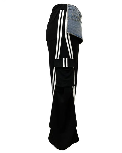 Women Fashion Denim Patchwork Striped Sweatpants