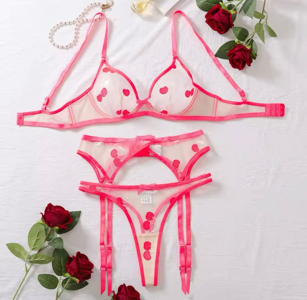 Women Sexy Pink Cherry Print Mesh Lingerie Set